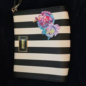 Betsey Johnson Large Striped Clutch Back & White